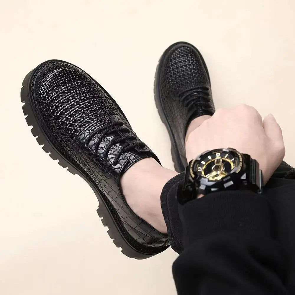 Spring leather woven leather wear-resistant thick-soled heightening casual men's first-layer cowhide breathable hollow shoes - Sun Studio
