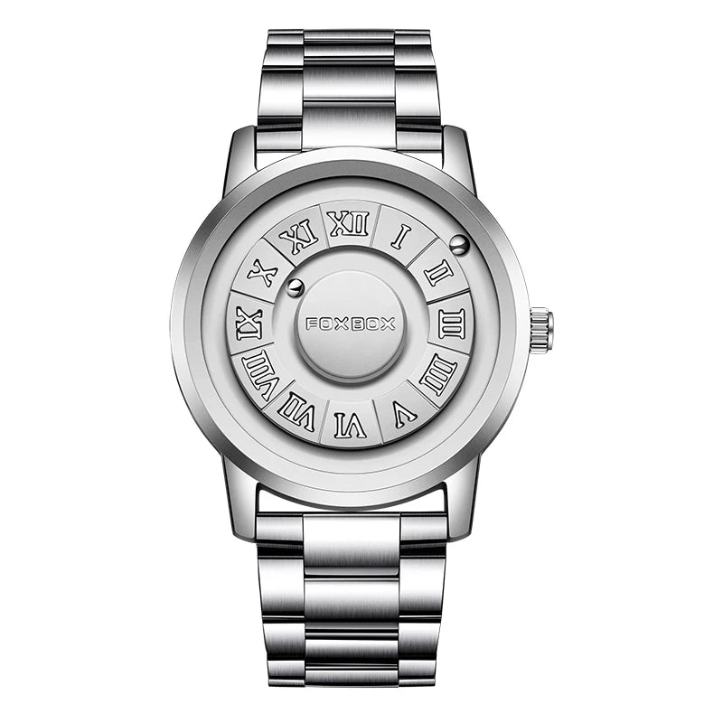 FOXBOX Montre à quartz pour homme, mode, personnalité, créative, boule de fer défilante, pointeur magnétique, étanche pour montres masculines, cadeau + boîte
