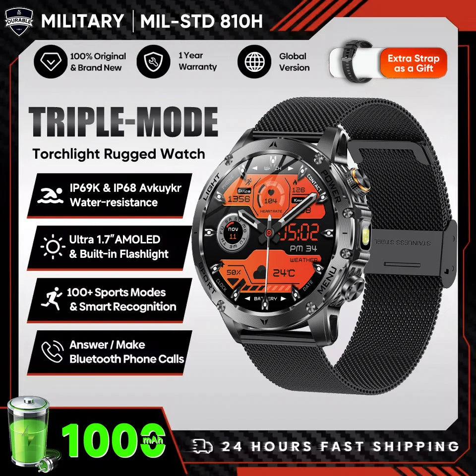 New Men Military Outdoor 1000mAh Battery Smart Watch GPS NFC Watches 3ATM Waterproof Swim 1.7-inch HD Bluetooth Call Smartwatch - Sun Studio