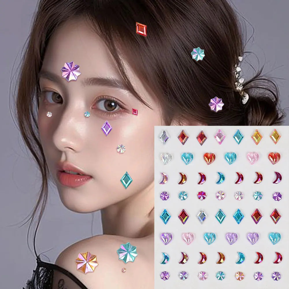 1Sheet 5D Mixed Shell Aurora Rhinestone Girl Face Stickers Hollow Star/Moon/Heart Self-Adhesive Cute Girl Make Up Diamond Decal - Sun Studio