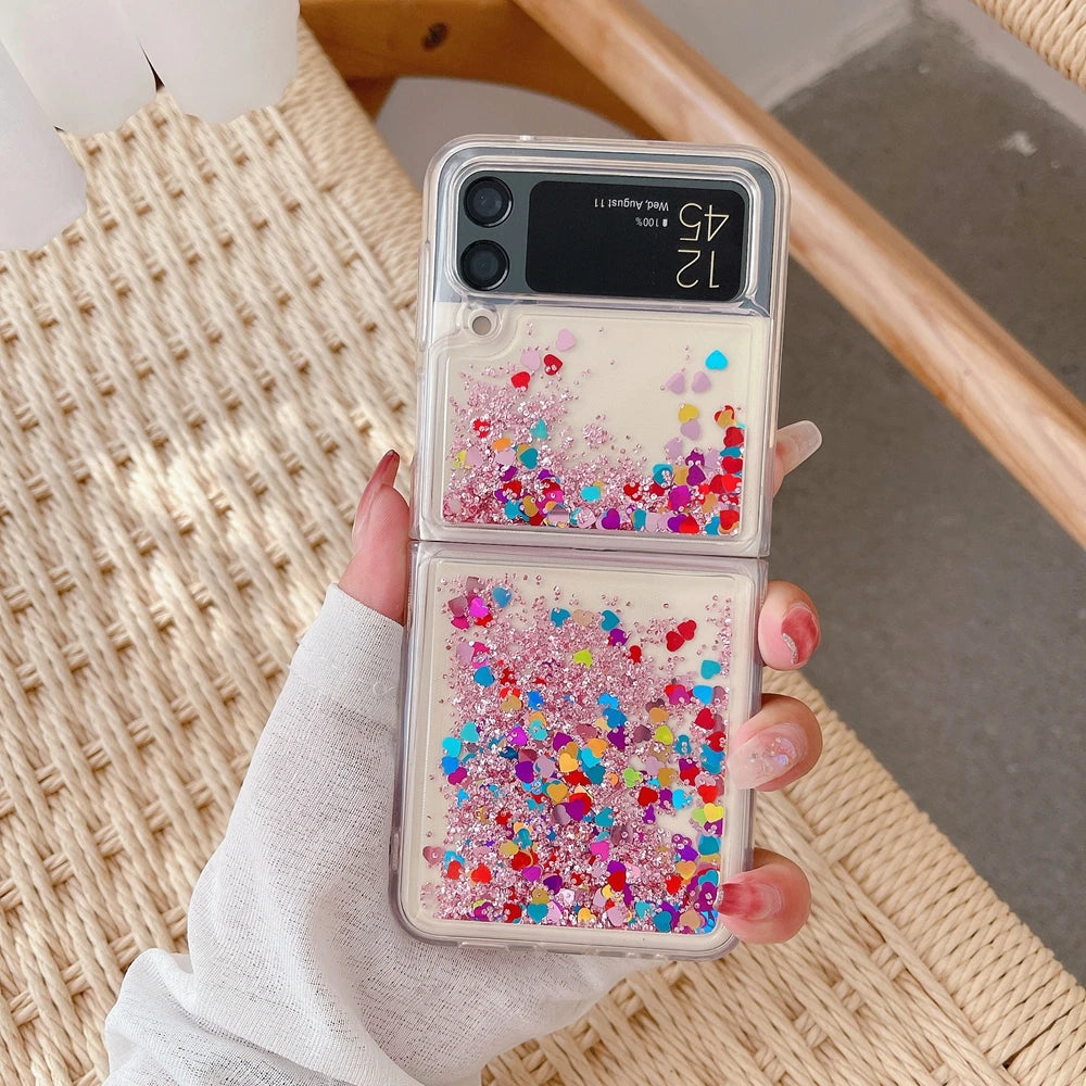 for Samsung Z Flip 7 Luxury Glitter Quicksand Case For Samsung Galaxy Z Flip 7 6 5 4 3 ZFlip 7FE Gradient Love Heart Bling Cover - Sun Studio