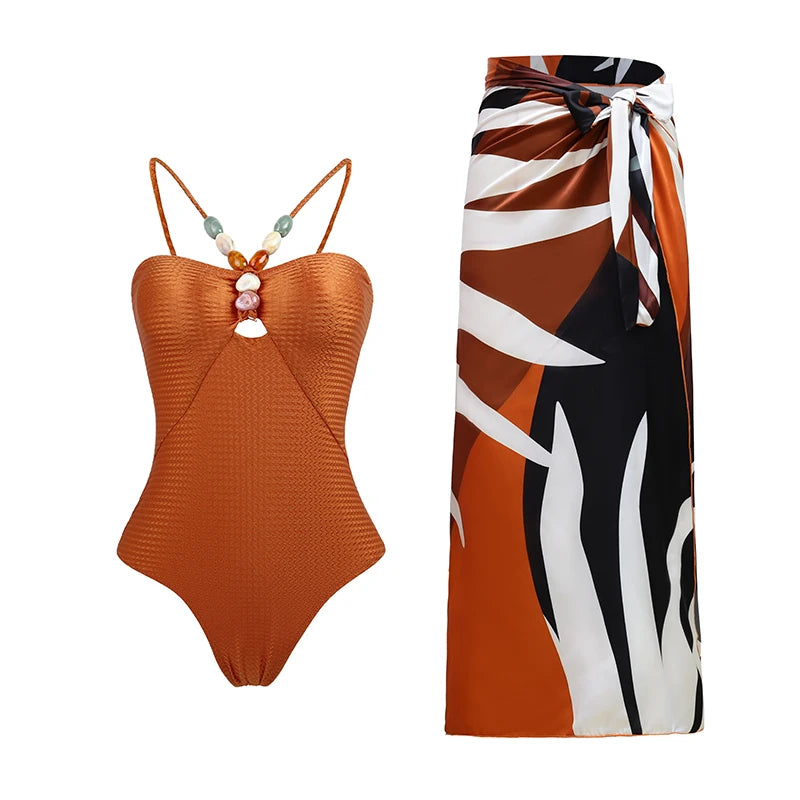 2024 Sexy Women's Swimsuit with Skirt One-Piece Swimwear Vintage Ruffle V Neck Cover Up Bikinis Set Beachwear Bathing Suit