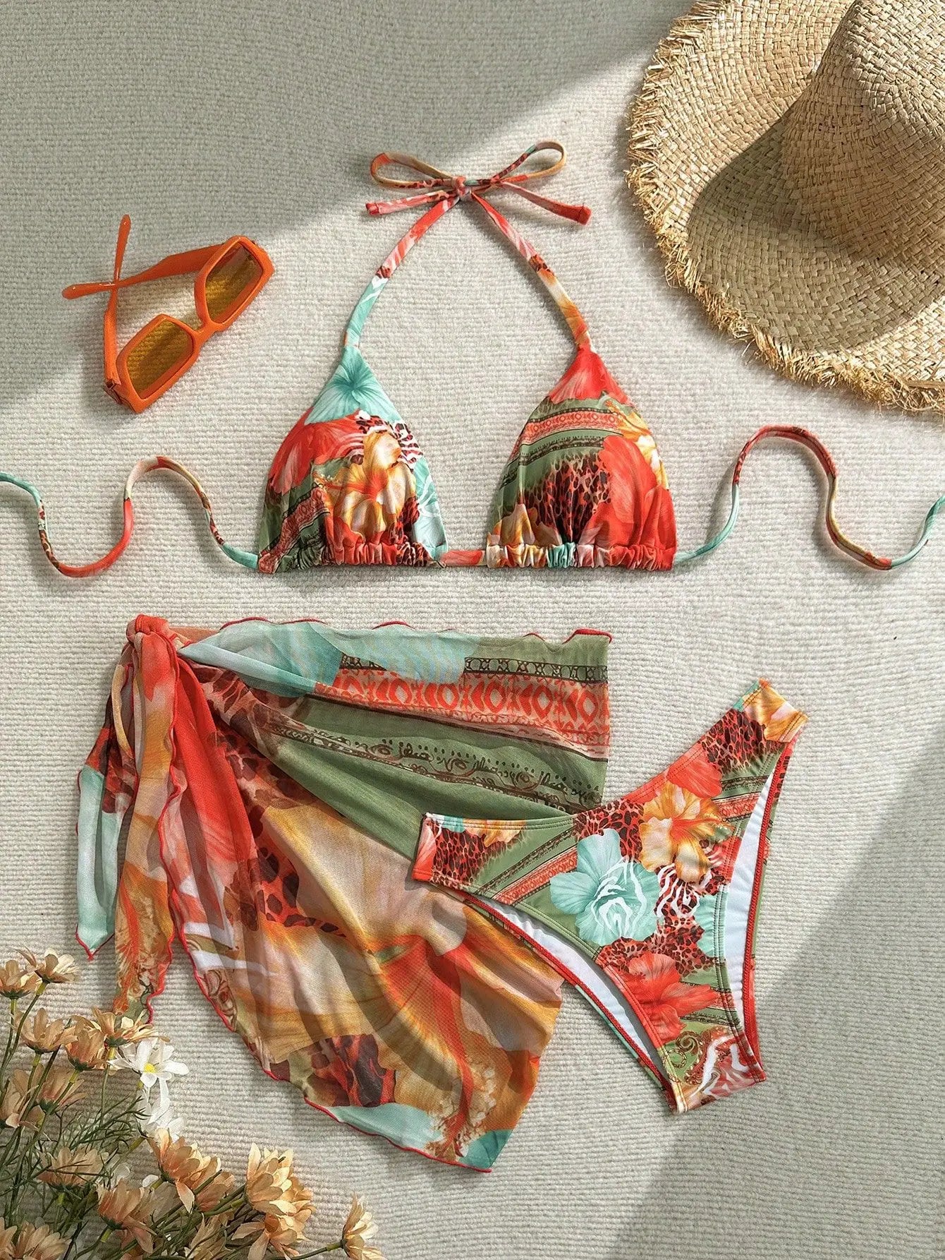 Sexy Skirt 3 Piece Bikinis Sets 2026 Women Orange Floral Tiger Print Push Up High Waist Swimsuit Bathing Suit Swimwear Biquini - Sun Studio