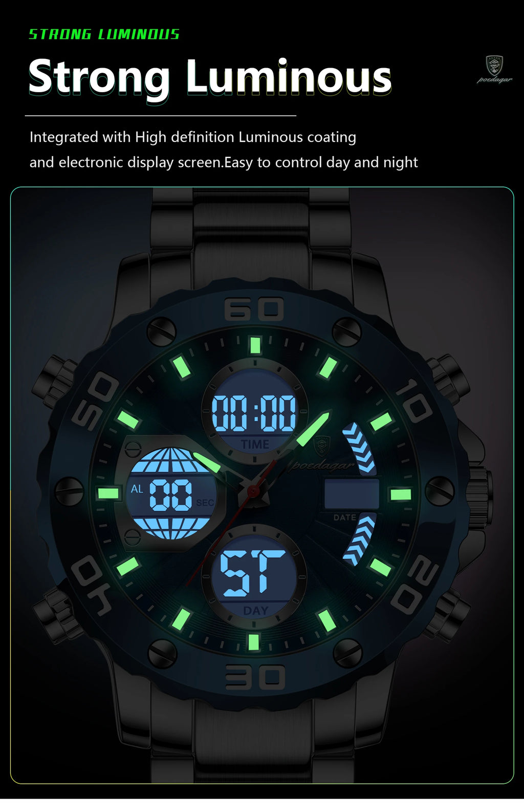 POEDAGAR Military Men's Quartz Wristwatch LED Alarm Dual Display Men Watch Electronic Waterproof Outdoor Sports Watches for Men - Sun Studio