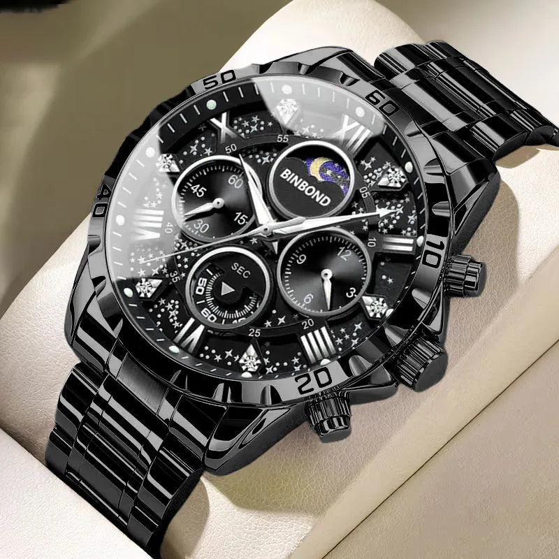 BINBOND Luxury Fashion Men Watches Multi-functional Stainless Steel Original Quartz Wristwatch Moon Phase Chronograph Waterproof - Sun Studio