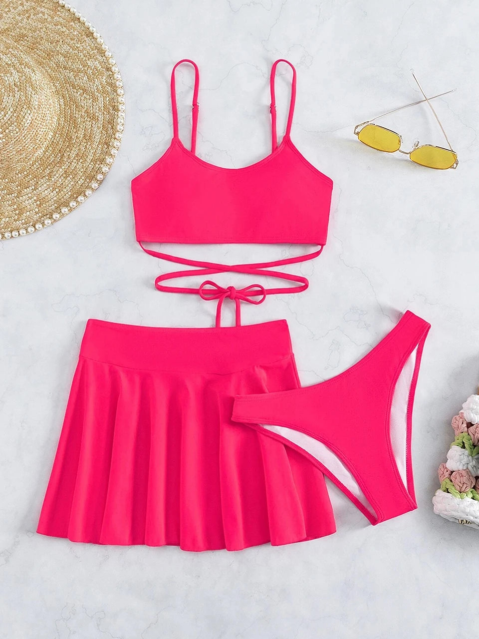 3 Pieces Crisscross Tie Back Bikini & Short Skirt Swimsuit 2026 Women Solid Swimwear Beach Wear Female Bathing Suit Swim Summer - Sun Studio
