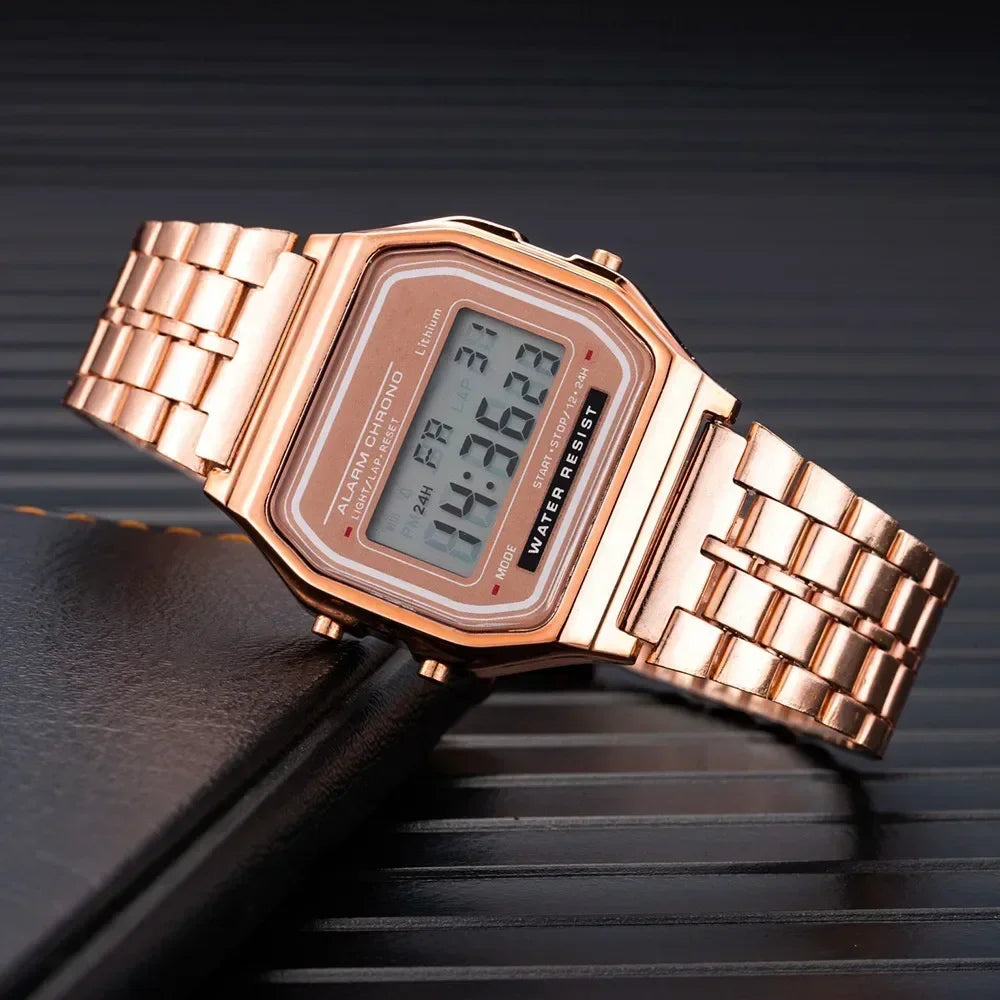 Women Casual LED Electronic Watch Man Retro Stainless Steel Watches for Women Unisex LED Digital Watch Multifunction Wristwatch - Sun Studio