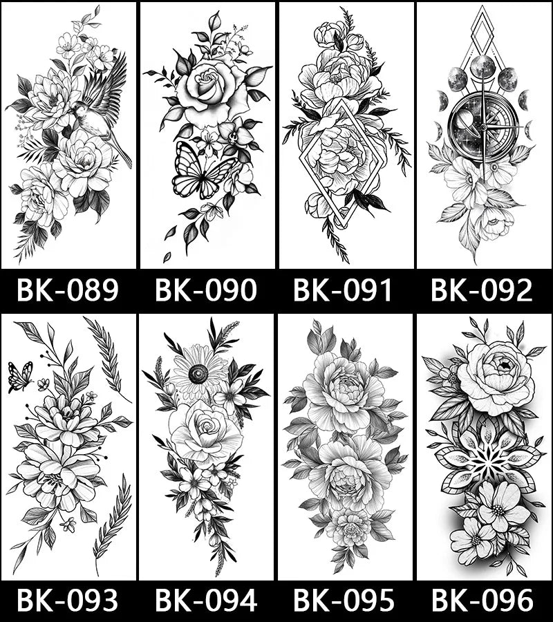 Black White Temporary Transfer Tattoos Floral Butterfly Lettering Line Art Waterproof Body Stickers for Music Festival Party - Sun Studio