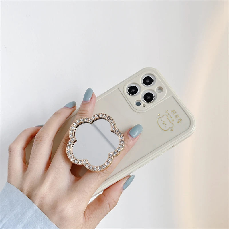 Korean Cute Heart Flower Mirror Griptok Bracket For iPhone 15 14 Samsung Universal Phone Accessories Phone Holder Grip Tok Stand - Sun Studio
