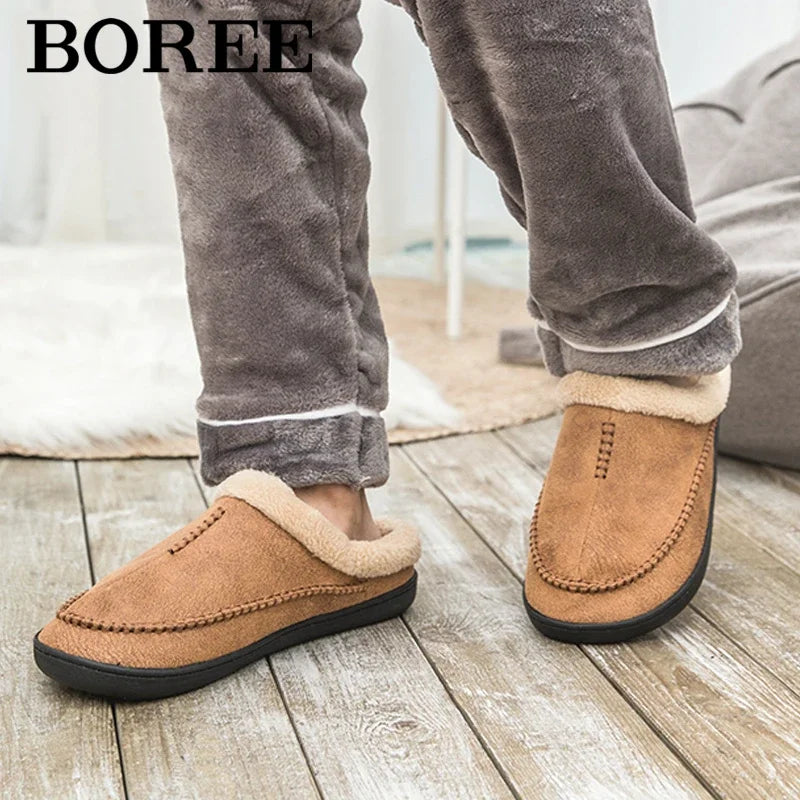 Men Slippers Black New Winter Suede Slippers Warm Indoor Slipper Waterproof Home House Shoes Men Warm Velvet Fur Knitting Shoes - Sun Studio
