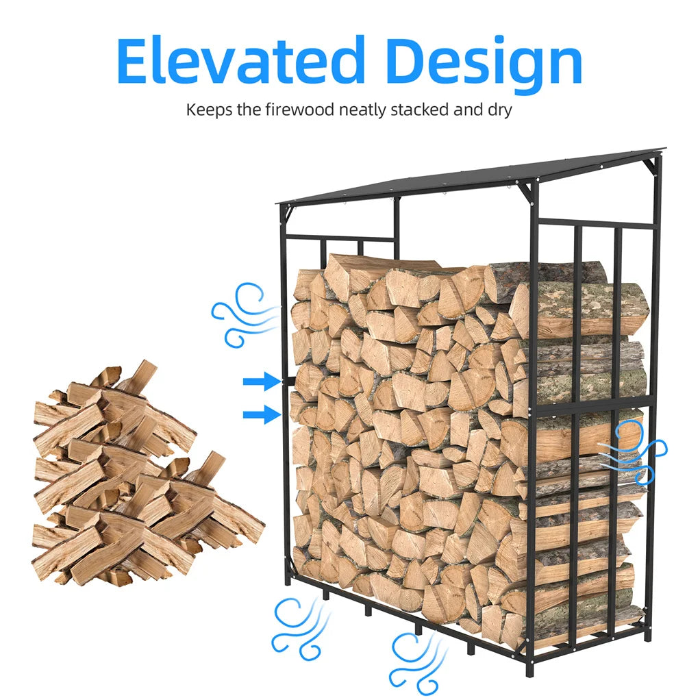 70" Outdoor Metal Log Store Stack Holder Wood Firewood Rack Garden Storage Shed with Waterproof Roof - Sun Studio