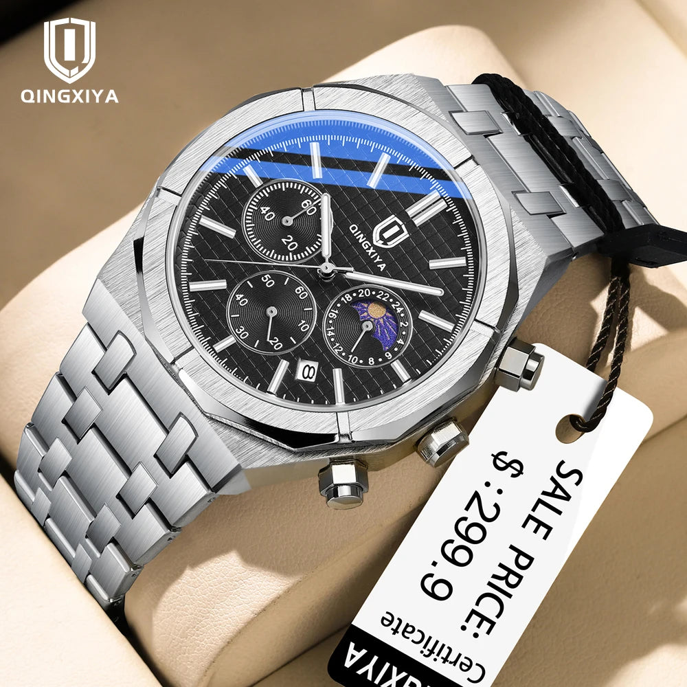 QINGXIYA Luxury Chronograph Quartz Watch Men Sport Military Watch For Men Waterproof Luminous Date Stainless Steel Men's Watches - Sun Studio