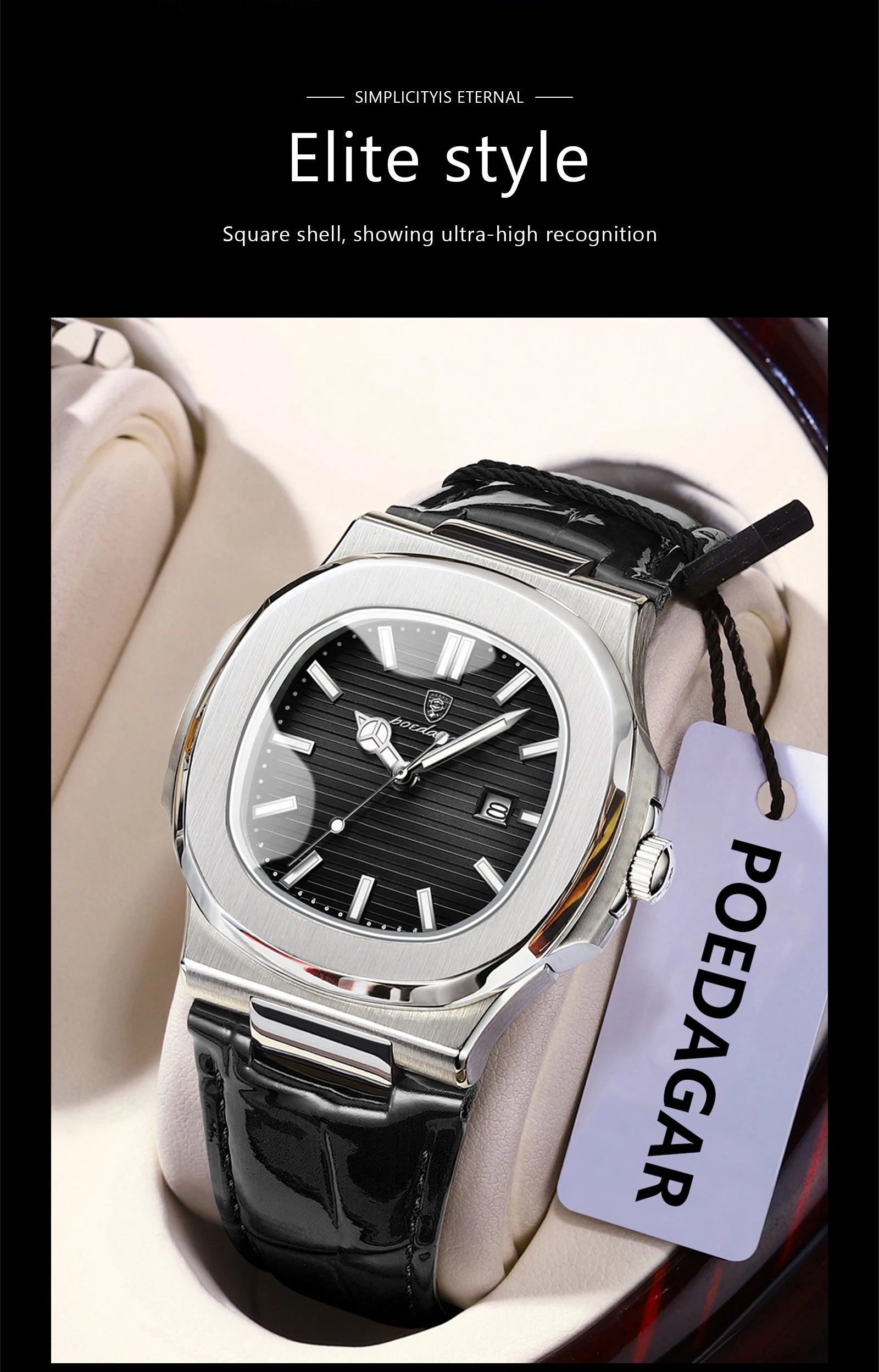 POEDAGAR Original Fashion Men's Wristwatch Date Waterproof Luminous Leather Watches For Men High Quality Square Quartz Man Watch - Sun Studio