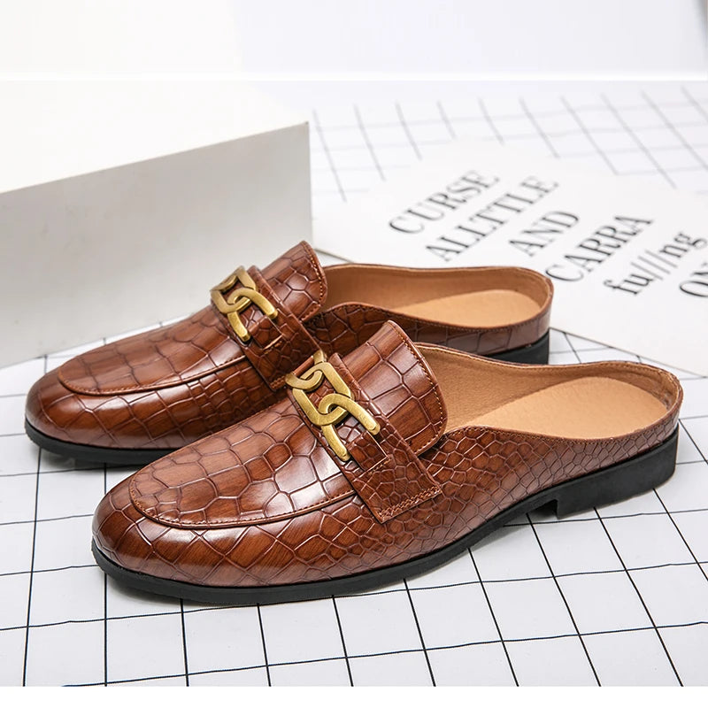 100% Genuine Leather Black Men’s Half Shoes For Men Shoes Mules Casual Designer Shoes Fashion Loafers Luxury Black Slippers 2022 - Sun Studio