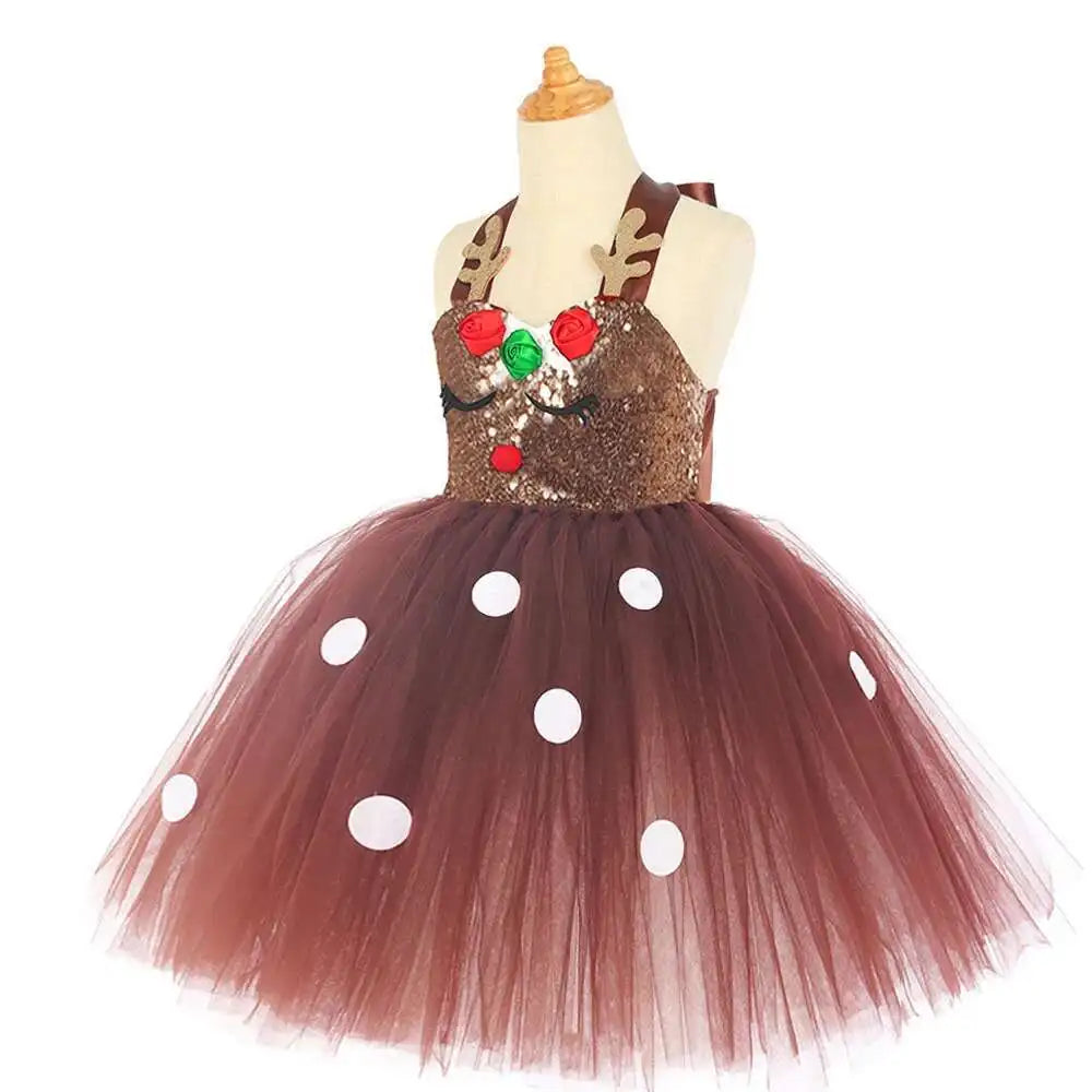 Brown Sequins Deer Costumes for Baby Girls Christmas Princess Dresses Kids Reindeer Outfit Children New Year Clothes Xmas Gift - Sun Studio