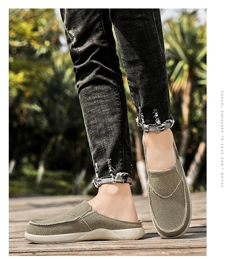 Casual Slip on Mens Shoes Outdoor Walking Comfortable Canvas Slippers Korean Trend Baotou Half Drag Slides Zapatillas Hombre - Sun Studio