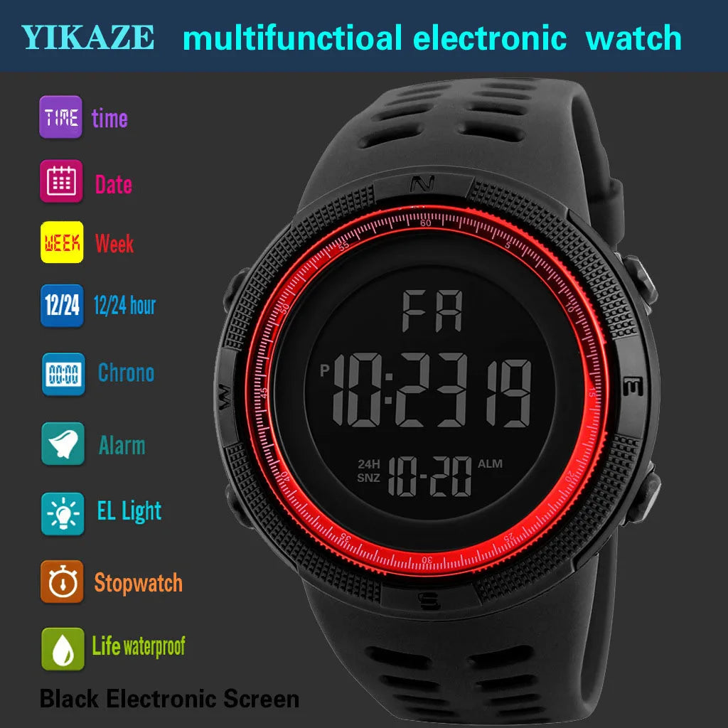YIKAZE Men's Digital Electronic Watch Sports Glow 50mm Large Dial Student Outdoor Adventure Trend Multifunctional Watches Clock - Sun Studio