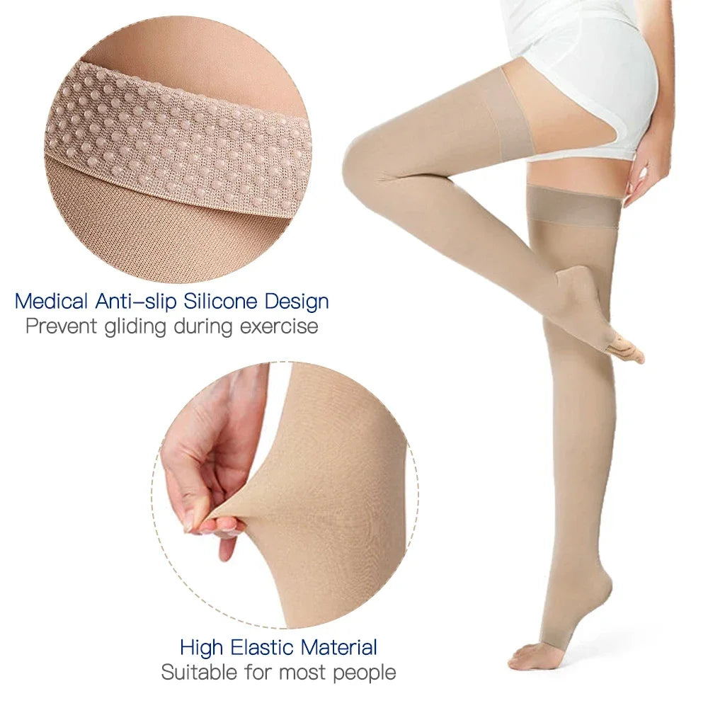 Medical Open Toe Thigh High Compression Stockings with Silicone for Women Men,20-30 mmHg Graduated Support for Varicose Veins - Sun Studio