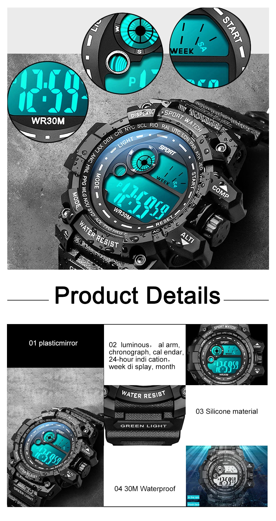 New Men LED Digital Watches Luminous Fashion Sport Waterproof Watches For Man Date Army Military Clock Relogio Masculino - Sun Studio