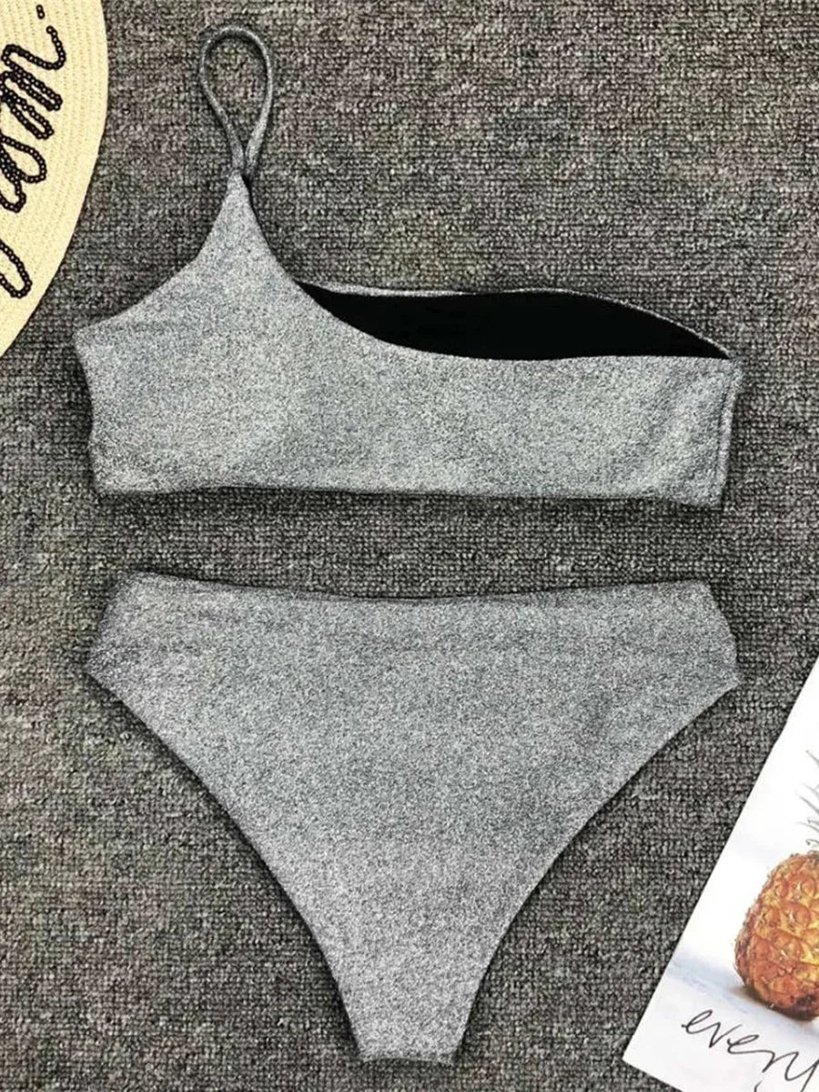 Sexy Shiny Sparkling One Shoulder Bikini Female Swimsuit Women Swimwear Two-pieces Bikini Set High Waist Bathing Suit Swim Lady - Sun Studio