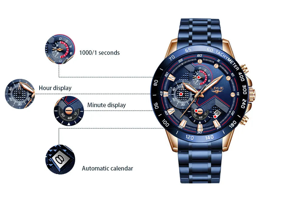 LIGE Business Men Watch Luxury Brand Stainless Steel Wrist Watch Chronograph Army Military Quartz Watches Relogio Masculino+BOX - Sun Studio