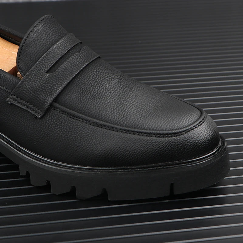 men casual genuine leather shoes slip-on driving shoe business wedding formal dress black trendy platform loafers mans footwear - Sun Studio