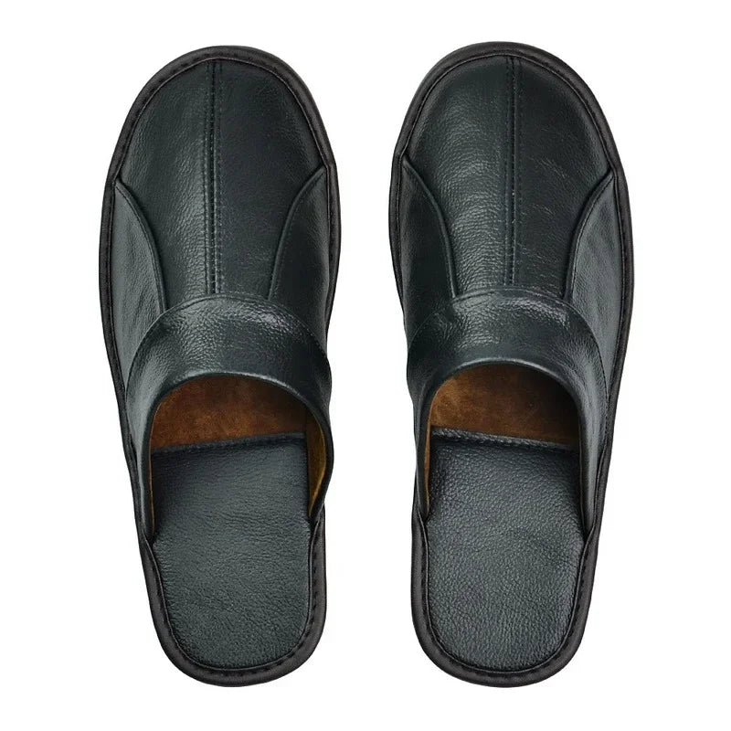 Men's Luxury Cow Split Leather Handmade Men Home Slippers Spring Slip on Soft Comfortable Black Brown Bedroom Indoor Flat Shoes - Sun Studio