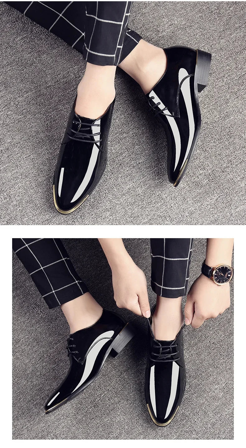 2024 New Men’s Patent Leather Shoes  British Style Men's Dress Shoes Lace Up Pointed Toe Wedding Business Party Social Shoe Male - Sun Studio