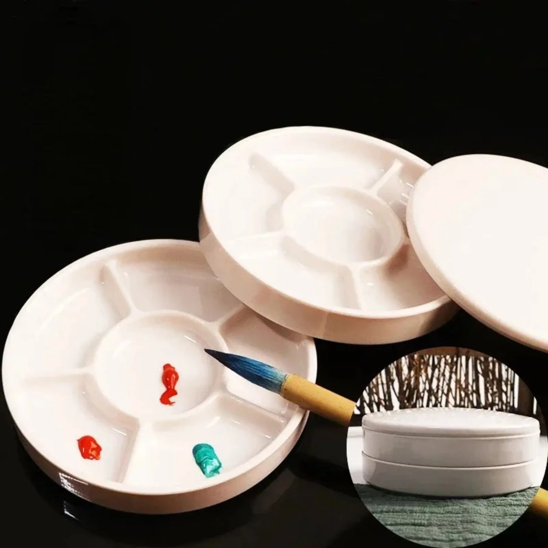 Imitation Porcelain Round Palette with Lid Acrylic Watercolor Painting Multifunctional White Paint Tray Artist Supplies - Sun Studio