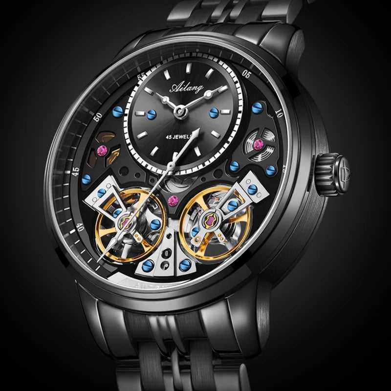 AILANG Brand New Luxury Double Tourbillon Watch for Men Stainless Steel Strap Waterproof Fashion Mechanical Watches Mens - Sun Studio
