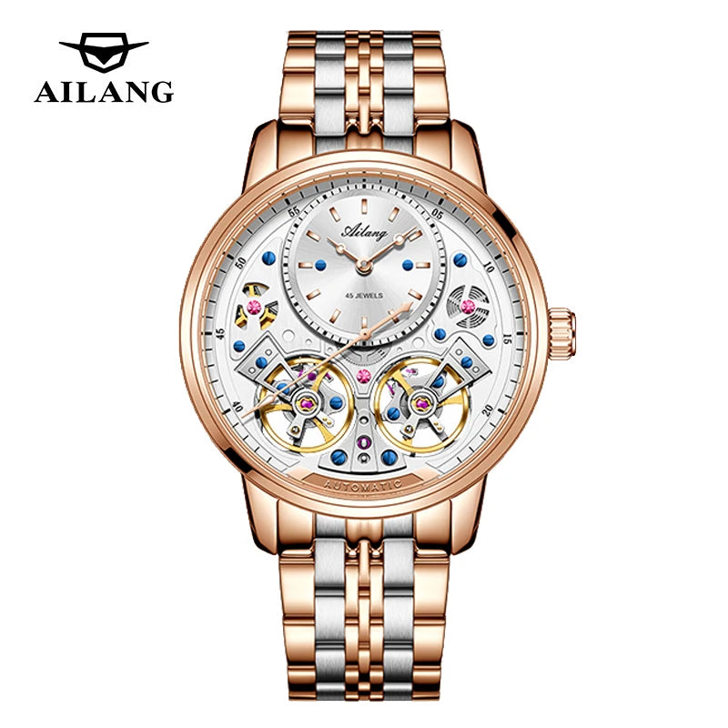 AILANG Brand New Luxury Double Tourbillon Watch for Men Stainless Steel Strap Waterproof Fashion Mechanical Watches Mens - Sun Studio