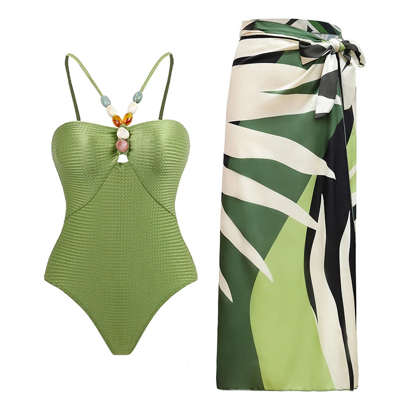 2024 Sexy Women's Swimsuit with Skirt One-Piece Swimwear Vintage Ruffle V Neck Cover Up Bikinis Set Beachwear Bathing Suit - Sun Studio