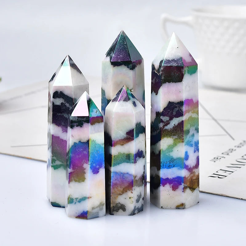 Natural Aura Stone Crystal Point Healing Obelisk Black and White Zebra Quartz Wand Beautiful Ornament for Home Decor Pyramid - Sun Studio