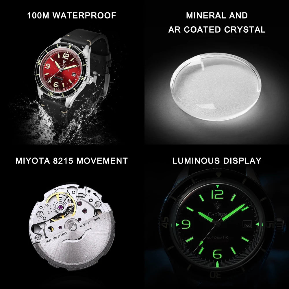 CADISEN 2026 Watch Men Mechanical Wristwatches MIYOTA 8215 Movement Genuine Leather Strap Waterproof Luminous Red Mens Watches - Sun Studio