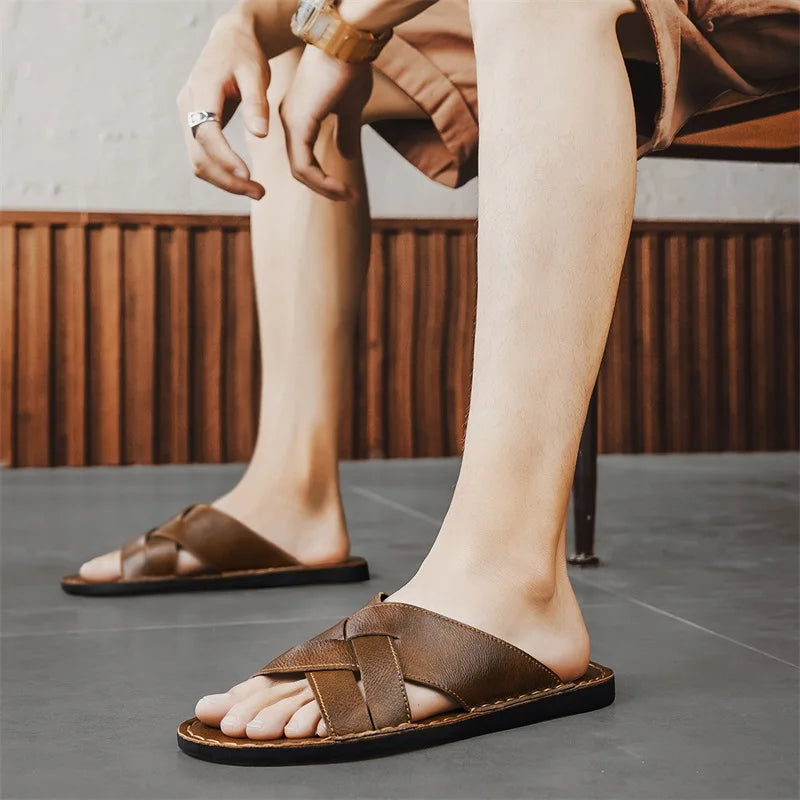 Handmade Leather Slippers for Men 2025 New Beach Summer Walking Shoes Slip on Light Male Flats Men Flip-flops Outdoor Half Drag - Sun Studio
