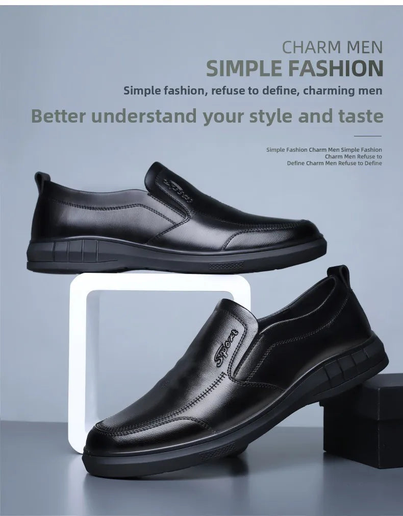 Pure Black Casual Men's Shoes Slip-On Driving Soft Bottom Anti-Slip Leather Shoes Breathable round Toe Flat Heel PVC Outsole - Sun Studio