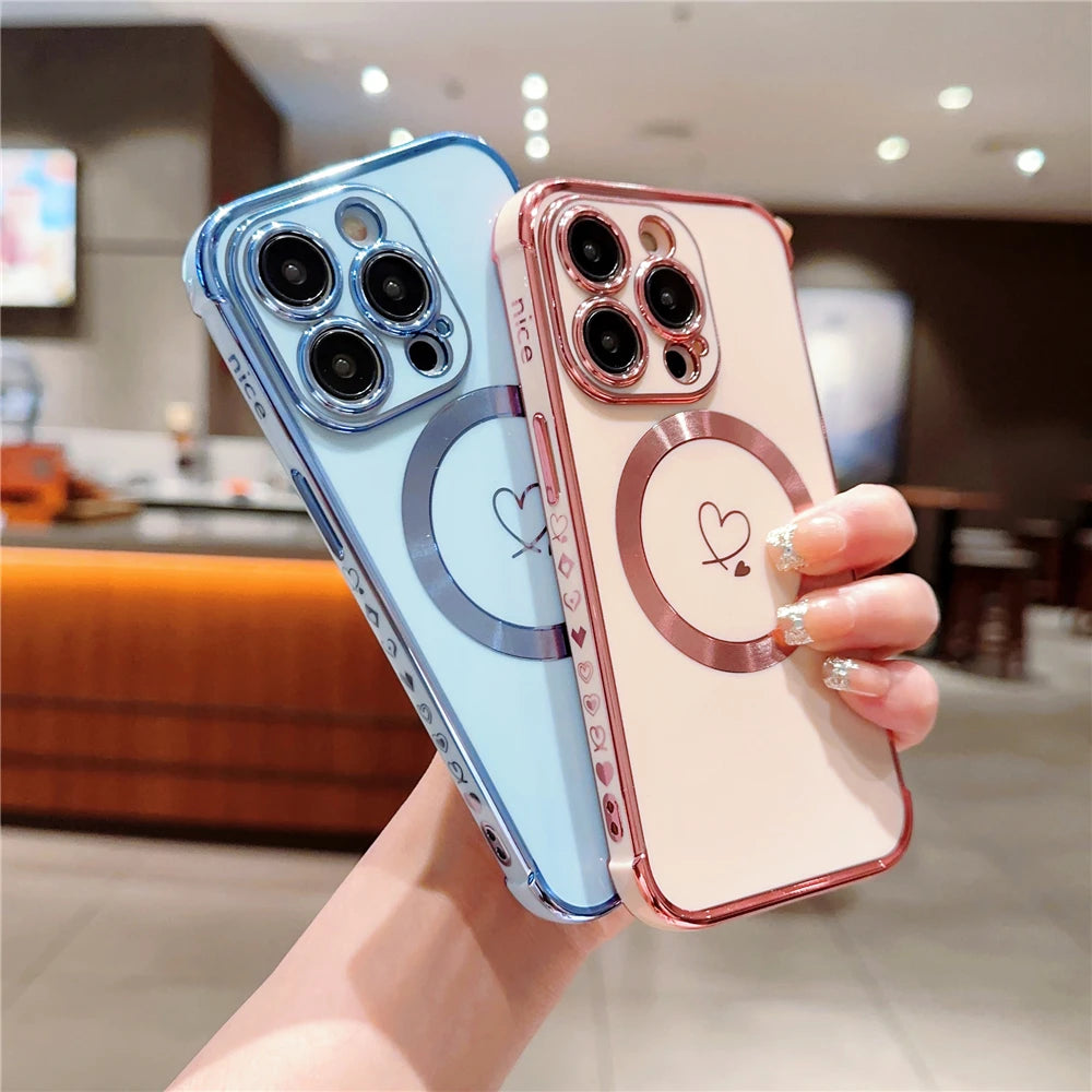 For iPhone 15 Pro Max Luxury Magsafe Magnetic Cute Plating Frame Phone Case For iPhone 11 12 13 14 15 16 Plus 17 Air Back Cover - Sun Studio