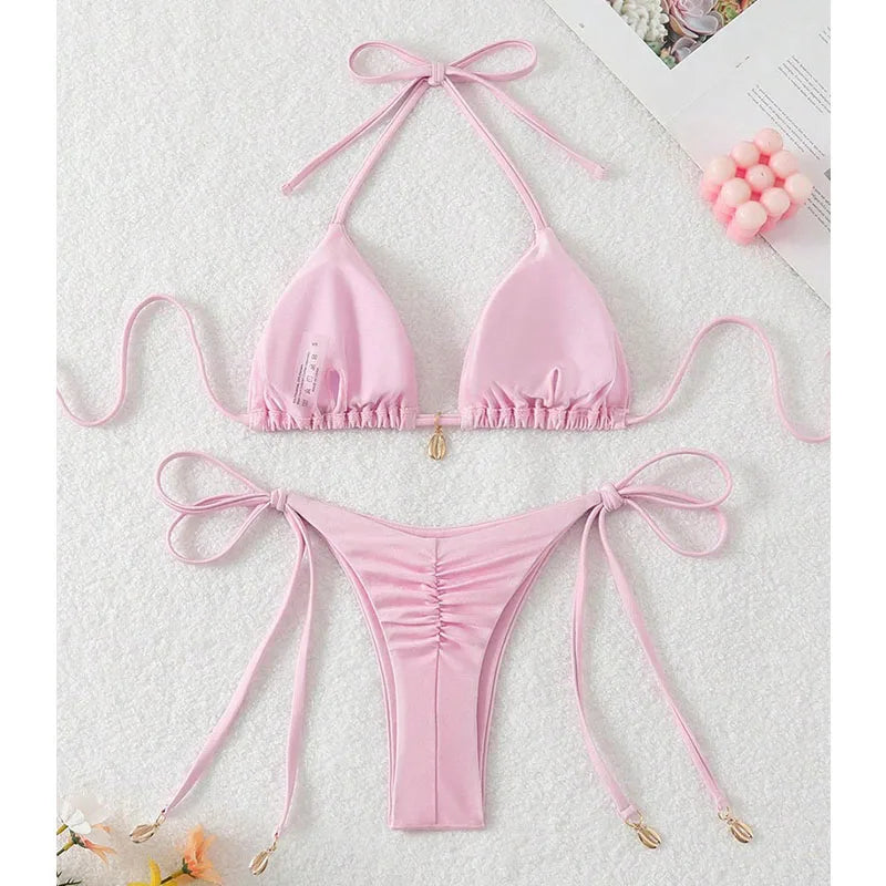 2 Pcs/Set Bikini Set Sexy Bikinis 2025 Bathing Suit Solid Color Halter Neck Strap Thong Women Swimsuit Set for Beach Swimwear - Sun Studio