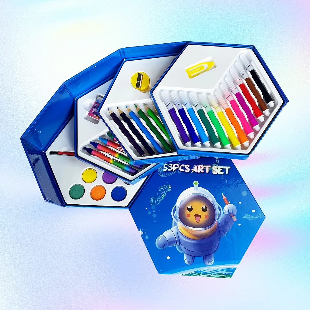 53pcs Multilayer Cartoon Art Pencil Set Kids Painting Set Hexagon Color Box Pencil Drawing Art Set - Sun Studio