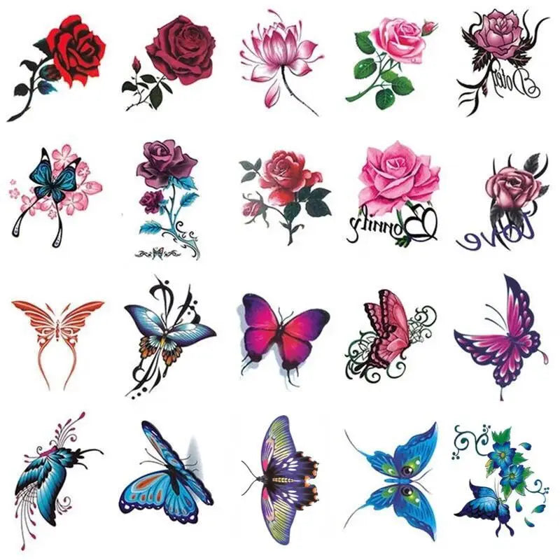 20 Pcs Waterproof Temporary Tattoo Sticker Black Flower Rose Lotus Planet Ins Flash Tatoo Fake Tatto for Men Women Girl - Sun Studio