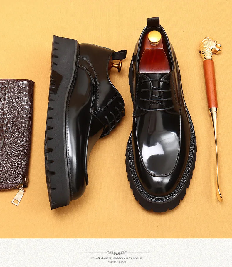 designer men's leather shoes with thick soles round toe glossy leather business dress shoes Waxed cowhide lace up British shoes - Sun Studio