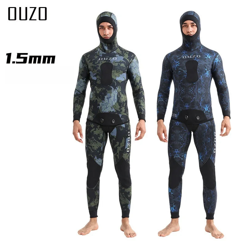 1.5mm Camouflage Wetsuit Long Sleeve Hooded 2 Pieces Set Neoprene For Men Keep Warm Scuba Diving Suit Cold Water Swimsuit - Sun Studio