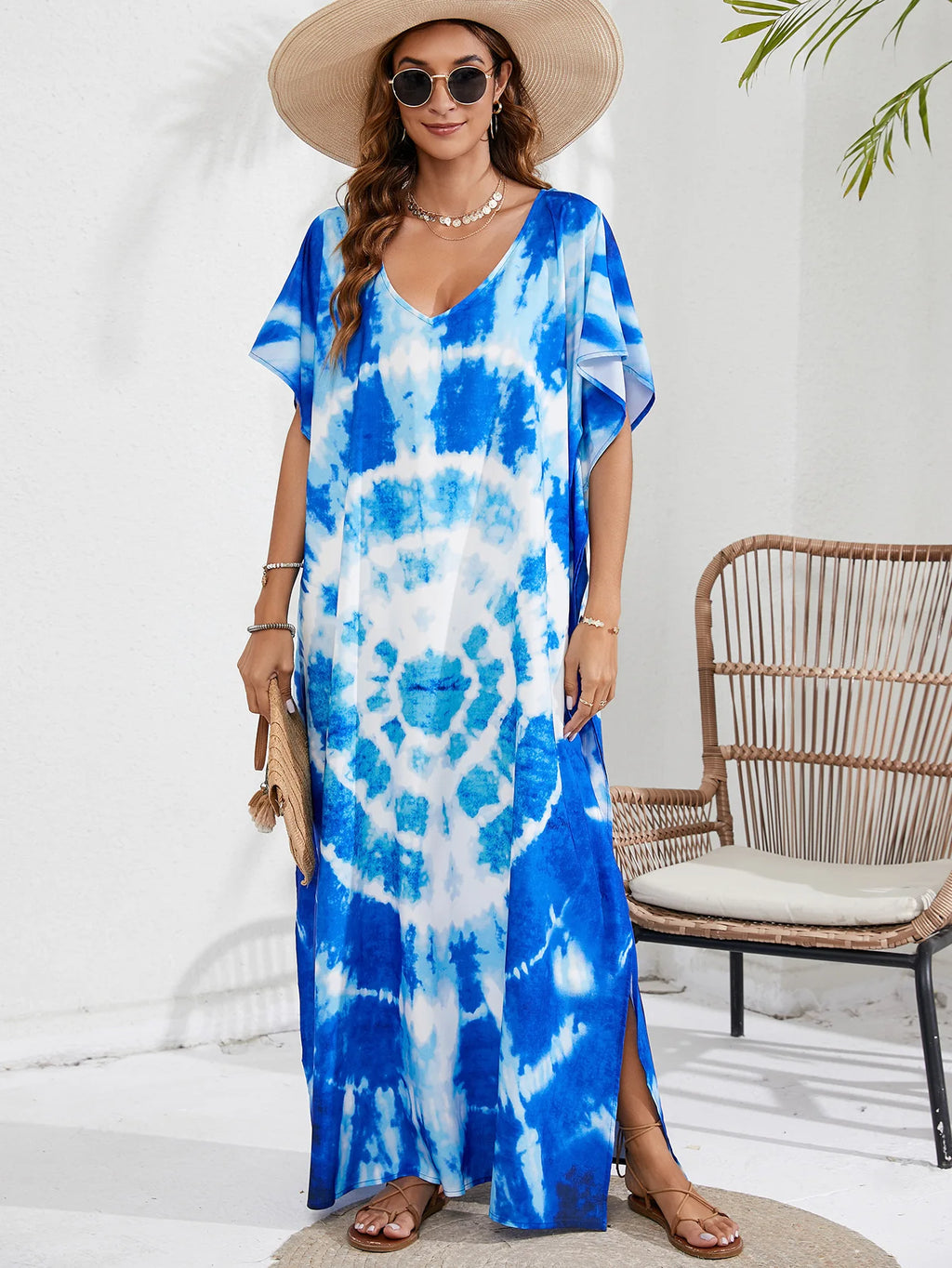 Kaftan Dresses for Women Plus Size Tie Dye Batwing Sleeve Caftans Swimsuit Coverup Maxi Dress Loungewear - Sun Studio