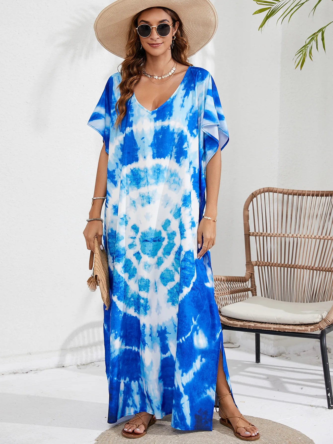 Kaftan Dresses for Women Plus Size Tie Dye Batwing Sleeve Caftans Swimsuit Coverup Maxi Dress Loungewear - Sun Studio