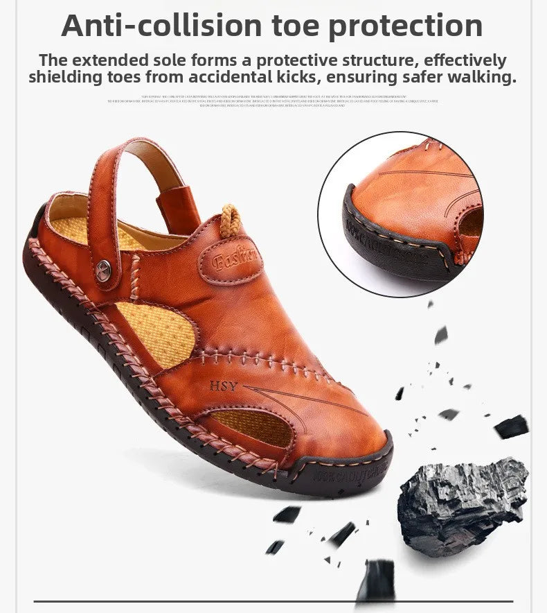 Large Size Men's Sandals Casual Leather Beach Shoes Breathable Slip-On Durable Stitched Construction Comfortable Walking Sandals - Sun Studio