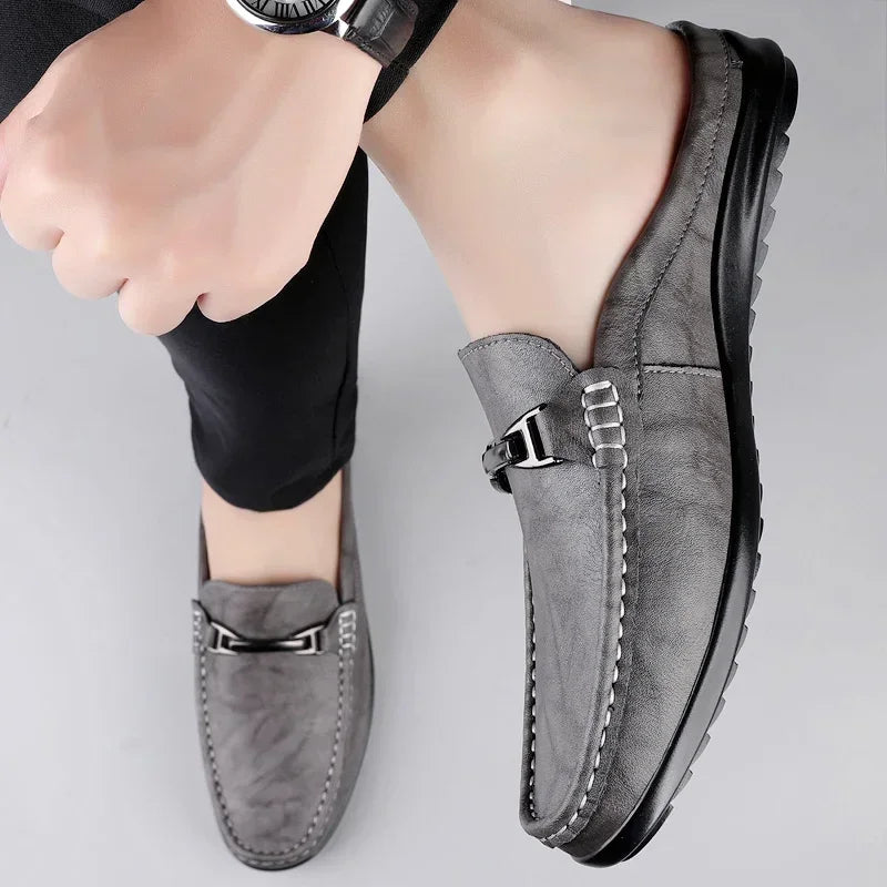 Luxury Men Genuine Leather Shoes Casual Business Men Slip-on Shoe All-Match Half Slippers Loafers Summer Handmade Flats Slippers - Sun Studio