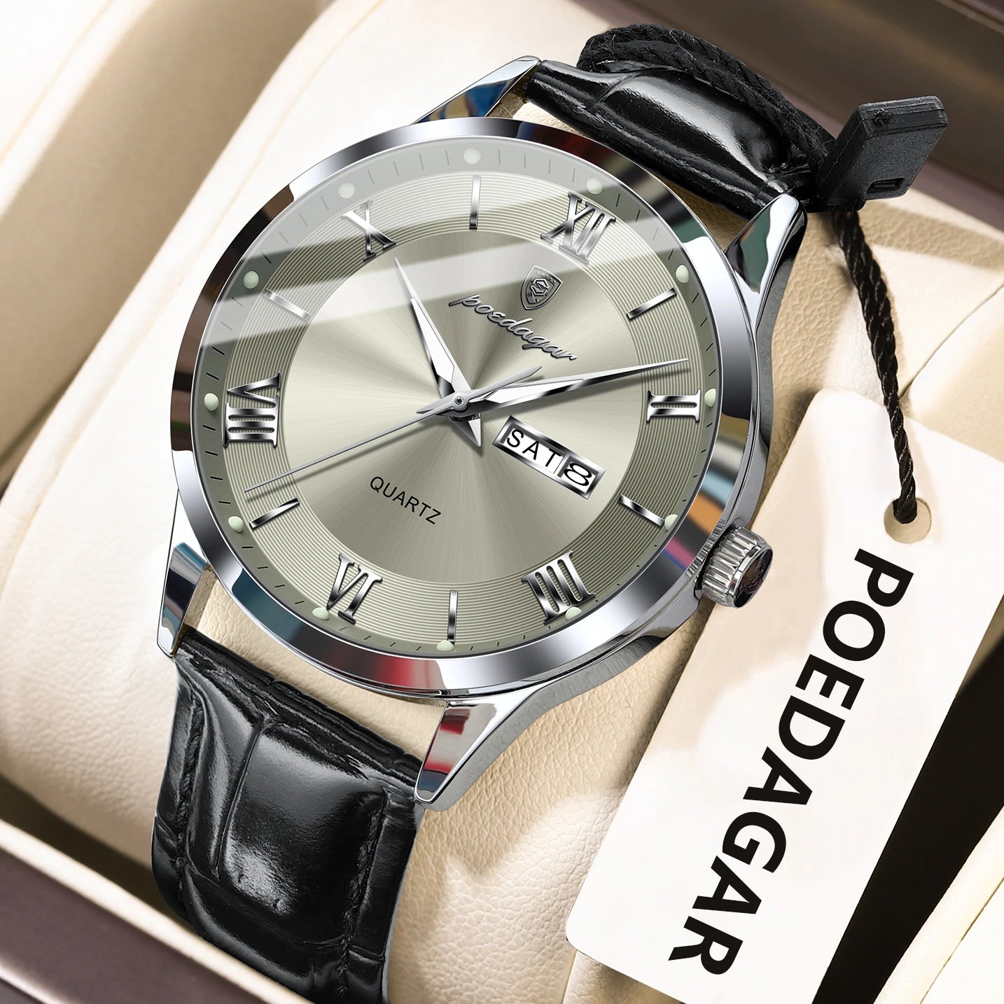 POEDAGAR Classic Luxury Men's Wristwatch Date Week Leather Business Man Watch Waterproof Luminous Fashion Quartz Watches For Men - Sun Studio