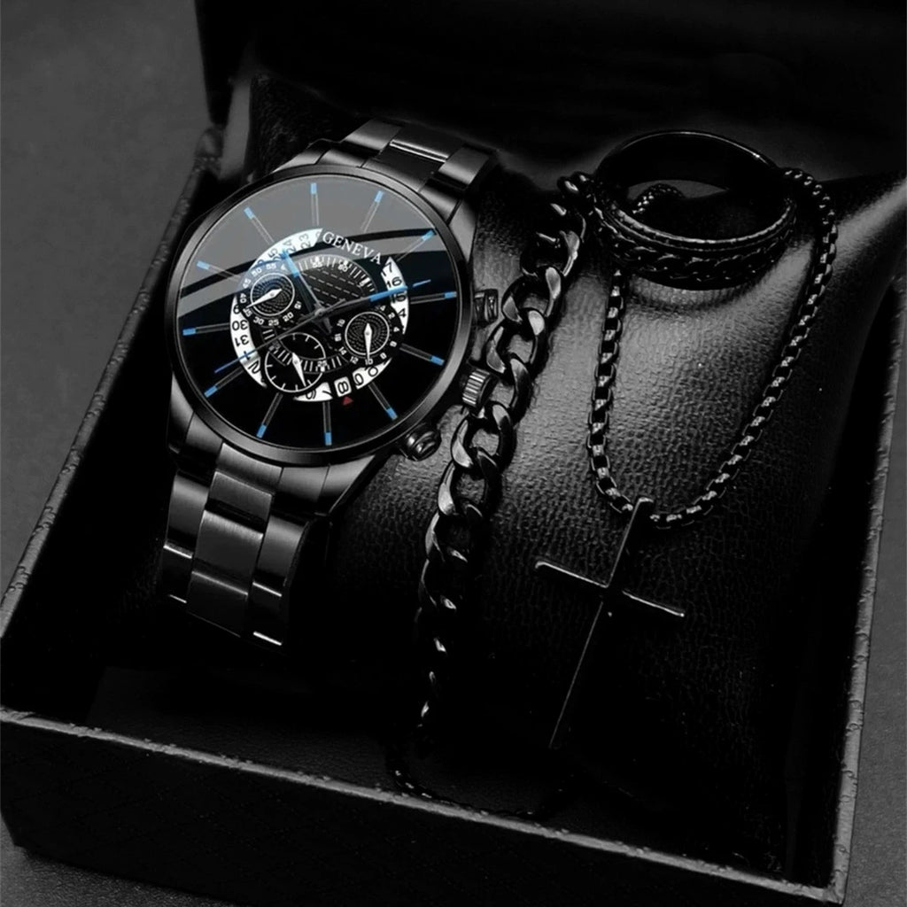 4PCS/Set Fashion Men's Watch Casual Gold Steel Band Analog Male Quartz Watches Jewelry Set（Without Box） - Sun Studio