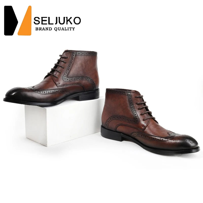 British Brock Carved Leather Boots Retro Business Formal Leather Shoes Fashion Men's Boots Cowhide Men's Short Boots - Sun Studio