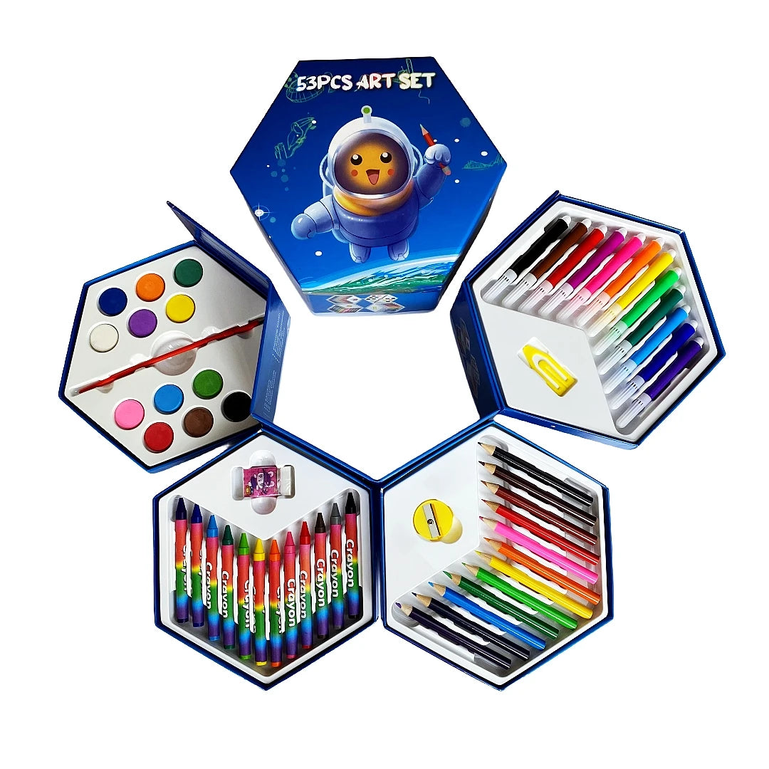 53pcs Multilayer Cartoon Art Pencil Set Kids Painting Set Hexagon Color Box Pencil Drawing Art Set - Sun Studio